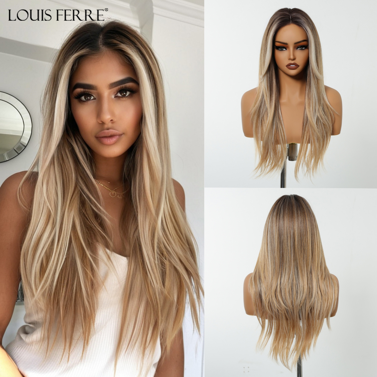 ロングストレートヘアラインレースフロント合成かつら黒人女性のためのブラウン混合白ナチュラル中間部かつら毎日のコスプレ