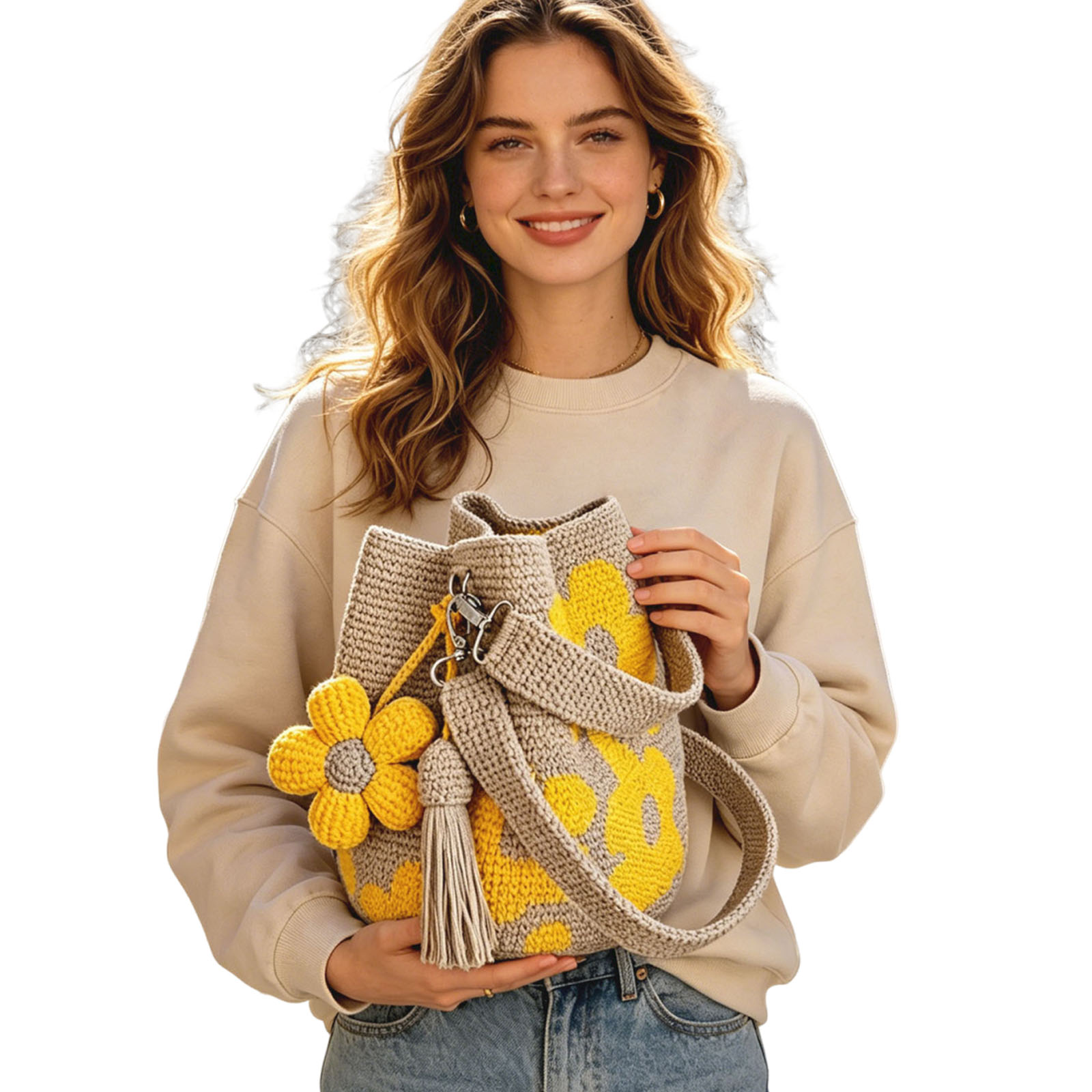 Crossbody Shoulder Bag Lightweight Cute Bucket Bags with Flower Tassel Needlepoint Barrel Drawstring Purse for Women Vacation