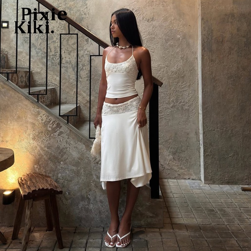 PixieKiki Woman Clothing 2 Pieces Set Lace Trim Halter Top and Midi Skirt Matching Sets Elegant White Summer Outfits P94-DE32