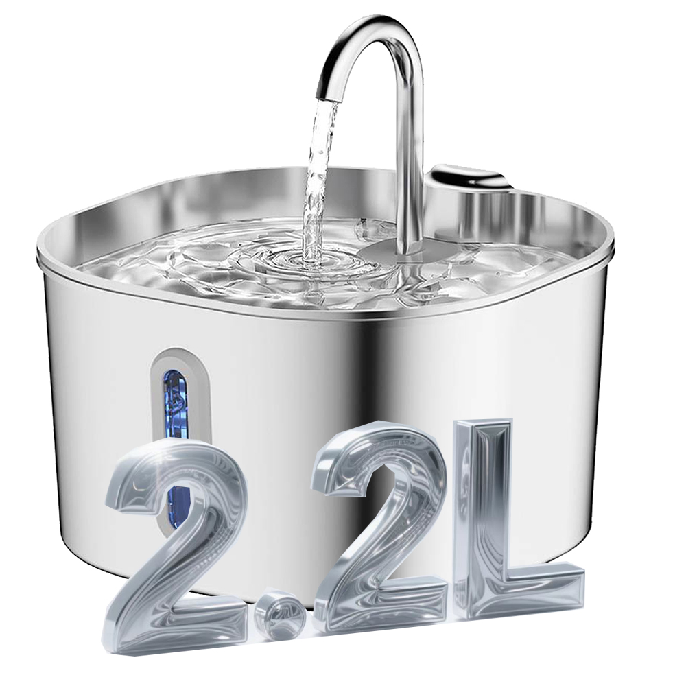 2.2L ステンレス鋼猫噴水、フィルター付きペットウォーターディスペンサー、猫用犬用水飲み場、超静かなウォーターポンプ