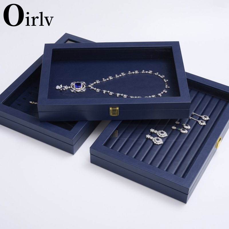 Oirlv 新しいブルージュエリーオーガナイザートレイアクリル蓋プレミアムレザージュエリーボックス透明蓋引き出しインサートジュエリーディスプレイケース