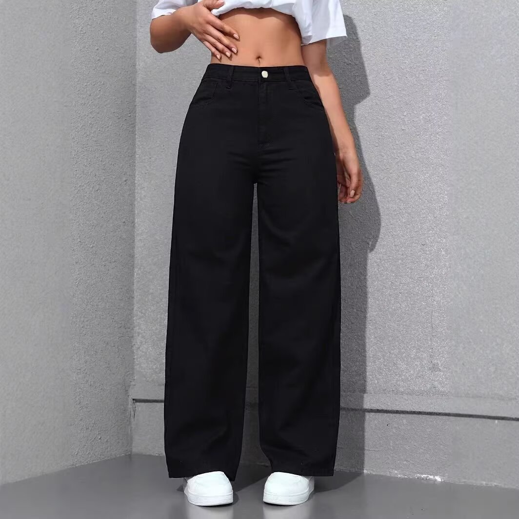 ファッションソリッドカラーのハイウエストストレートレッグジーンズ女性ルーズポケットジーンズに適したデイリーカジュアルジーンズ