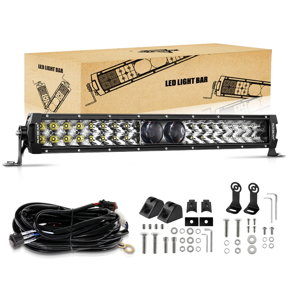 AUXBEAM 5D-PRO Series 22 inch LED Light Bar with Wire Harness 180W 22000LM Off Road White Work Light Combo with 5D Projectors