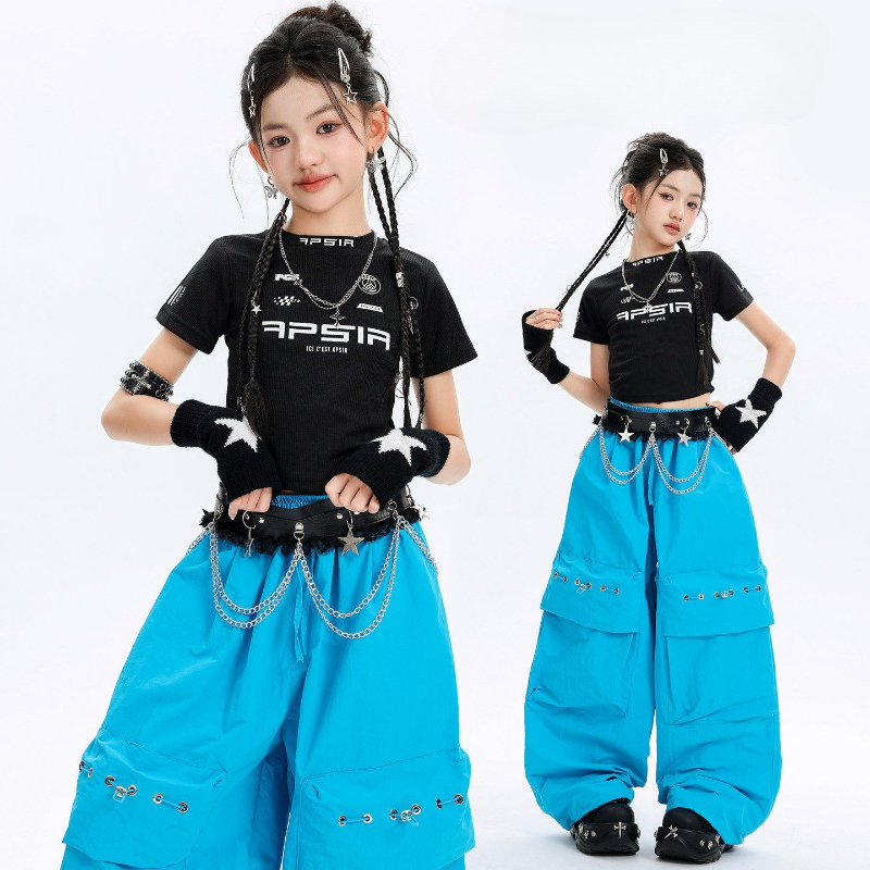 New Girls Jazz Dance Hip Hop Clothes Set Cool Black Top Baggy Pants Fashion Street Dance Performance Costume Group Stage Wear
