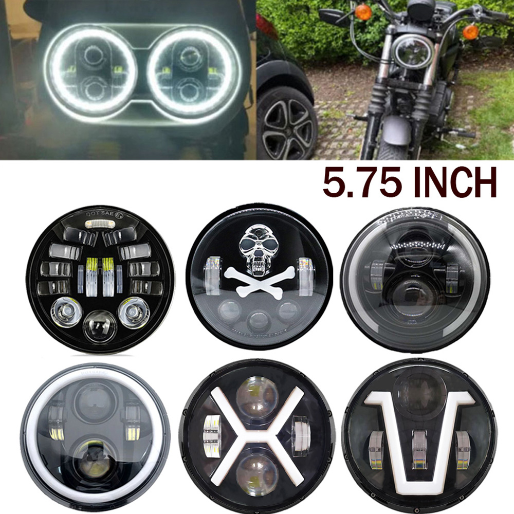 5.75 インチオートバイ LED ヘッドライトスカルパターン LED ヘッドライトハイ/ロービームターンシグナル DRL アングルアイライトモトヘッドランプ