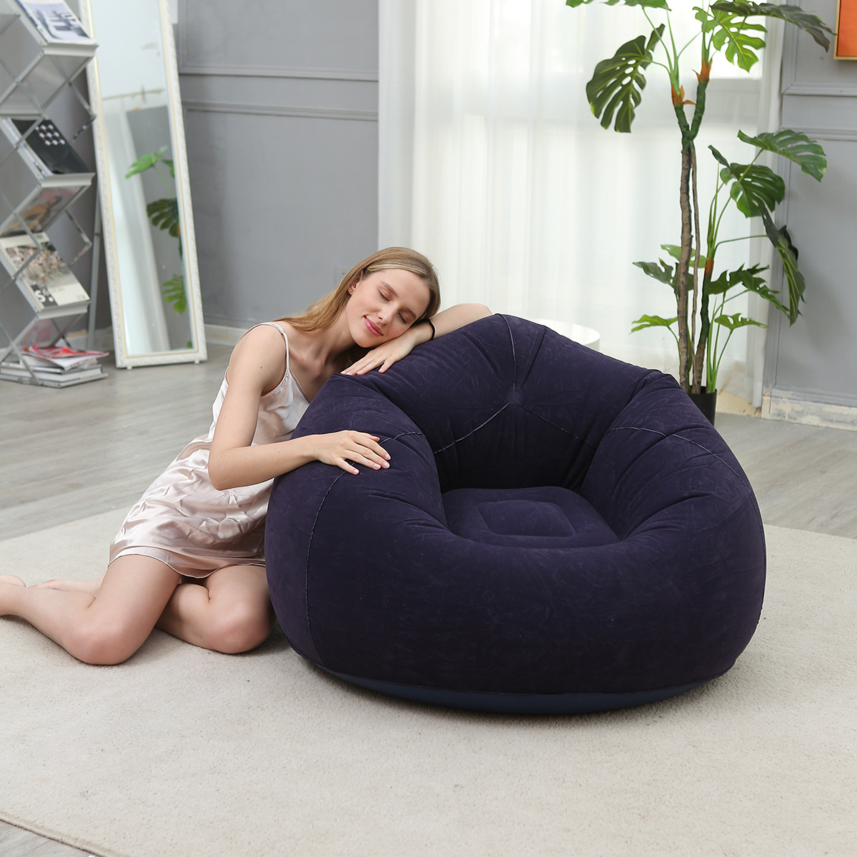 怠惰なインフレータブルソファポータブル折りたたみ式 Pvc 植毛一人用インフレータブルソファラウンジャーシート屋外キャンプ用