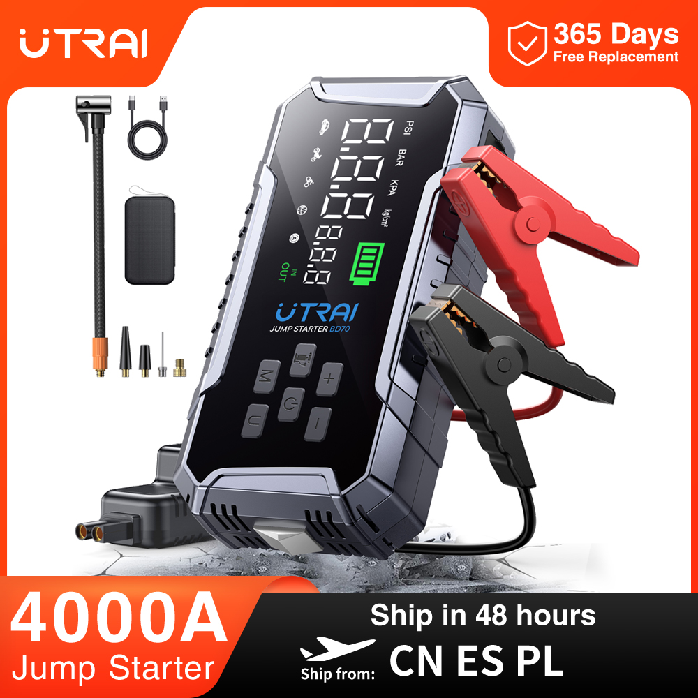 UTRAI 4000A 車のジャンプスターター 160PSI エアコンプレッサーポータブル電源銀行 16000mAh 車のバッテリー緊急ブースター始動装置