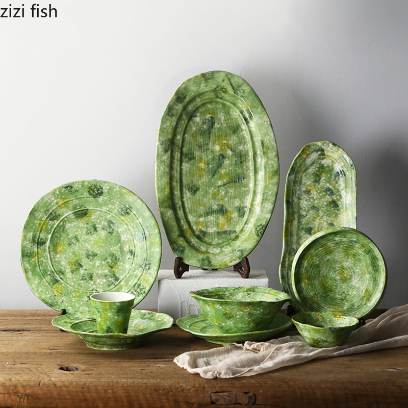 ヴィンテージグリーンセラミック食器レストランステーキプレートサラダボウルパスタ皿厚いスーププレート魚プレートスナックボウルクリエイティブマグ