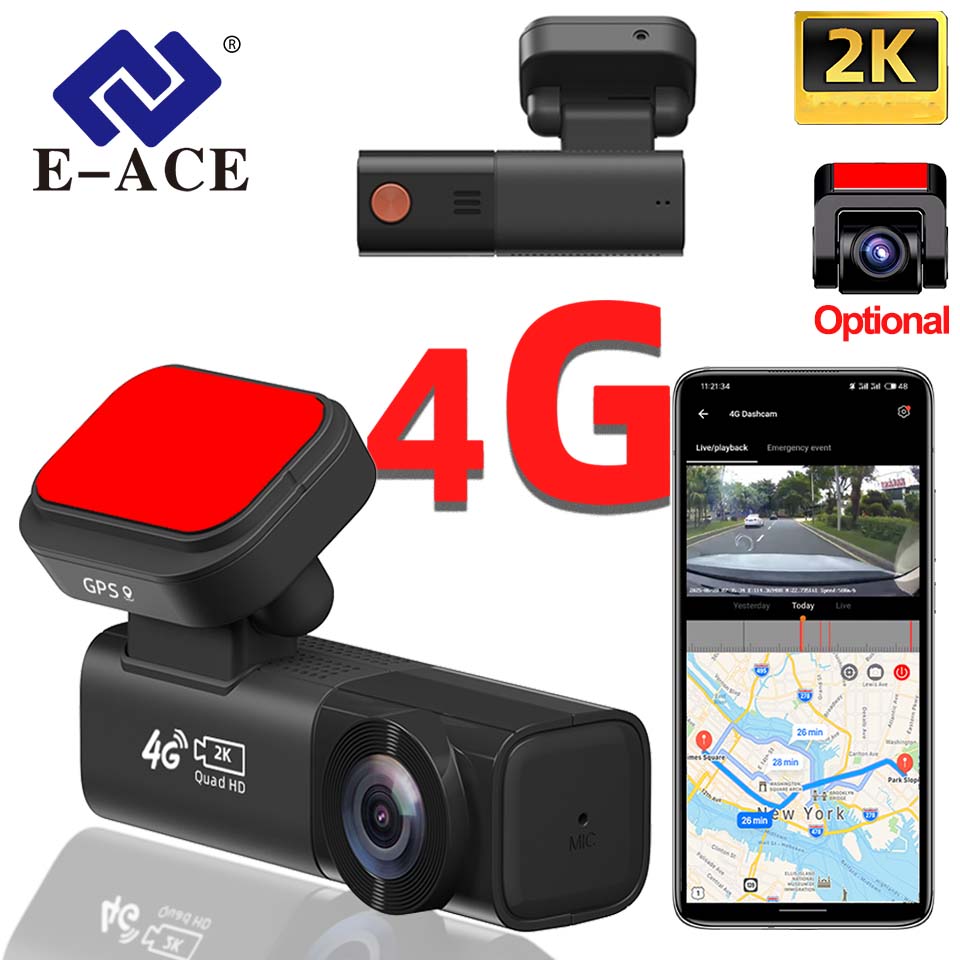E-ACE ミニ 4G LTE カーカメラ ライブストリーム 24H 監視 デュアルカメラ GPS 追跡 2K DVR ダッシュカム 無料アプリ 1080P リア付き
