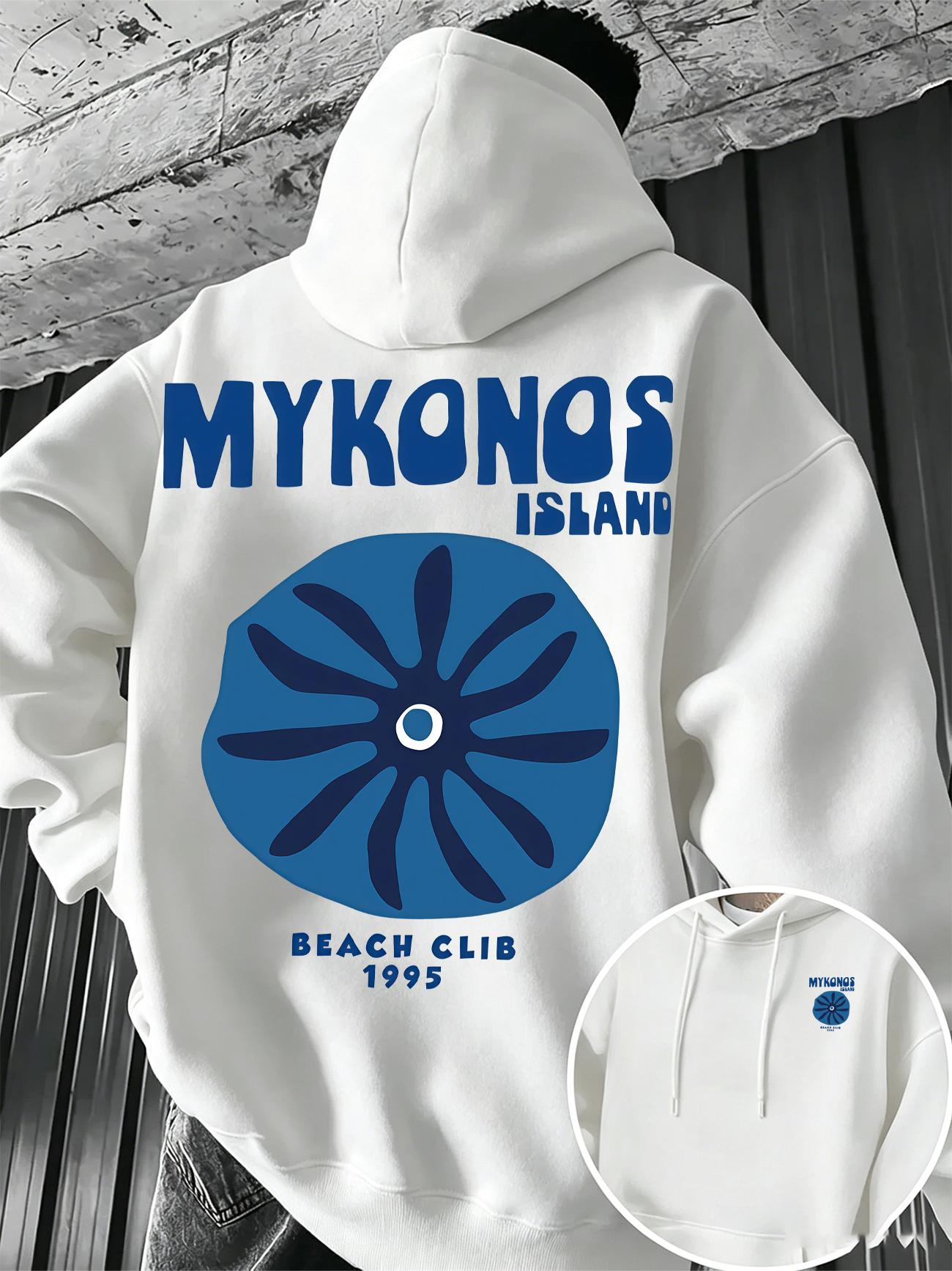 ヴィンテージミコノス島バックプリントパーカー男性用ビーチクラブレターグラフィックカジュアルアウトドアコンフォート長袖フード付きスウェットシャツ