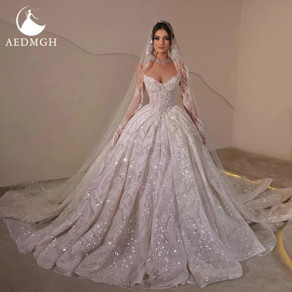 Aedmgh ボールガウン高級ウェディングドレスストラップレス Vestido デノビアレースビーズスパンコールロイヤルプリンセスカスタムメイドのブライダルドレス