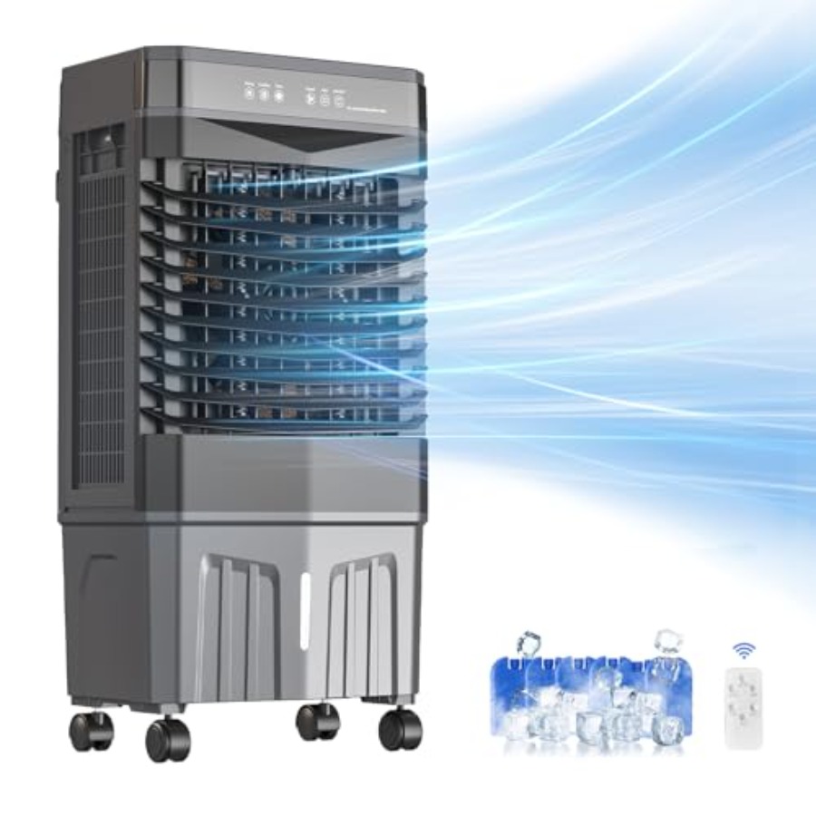 寝室ホームオフィス用蒸発空気クーラー、プラスチックグレー、1800 CFM、5.3ガロンタンク付き、アイスパック6個、3モード3スピード120オシ