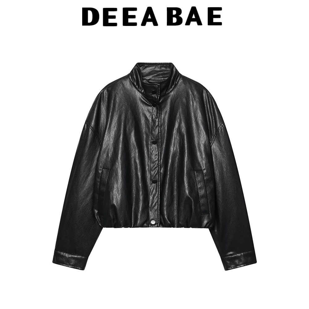 DEEABAE 秋の新作婦人服シンプルでルーズなハイネック長袖フェイクレザーパイロットジャケットショートジャケット