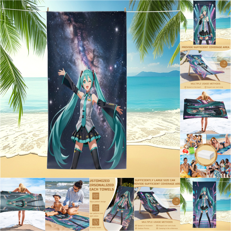 銀河初音ミクアニメビーチタオル速乾性プールタオルキャンプバスタオルブランケット軽量吸収性十代の若者たちのためのビーチプール