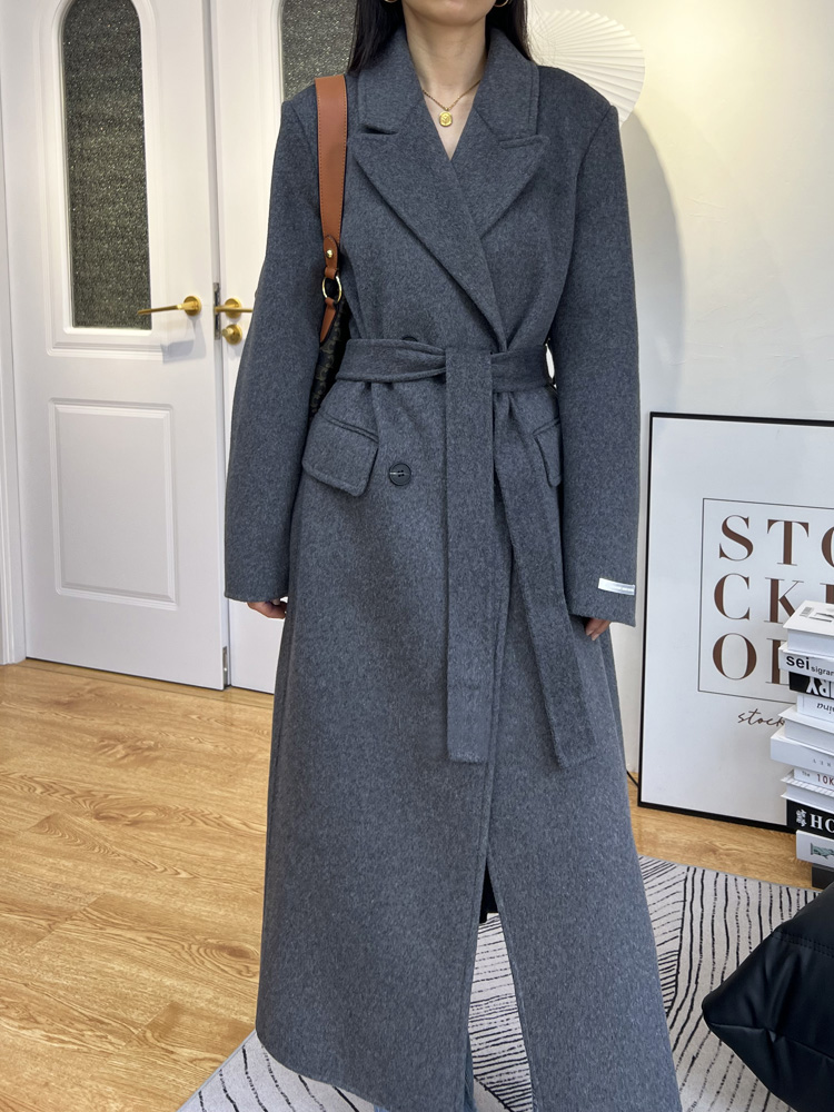 ハイエンドグレー女性厚い両面ウールカシミヤコートロング新ルーズラペル長袖ウールコート女性オーバーコート冬