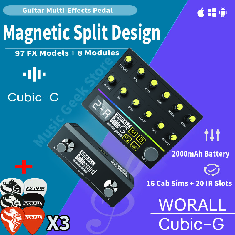 WORALL CubiC G 磁気スプリットギターペダルマルチエフェクトプロセッサー 97 エフェクト 16 アンペア IR ローダー Bluetooth OTG バッテリー