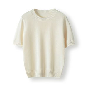 内モンゴル産カシミヤ混紡ニット、半袖、クラシックなレディースプルオーバー、ふんわりとしたシルエットのルーズフィット、ラウンドネックのセーターの卸売り