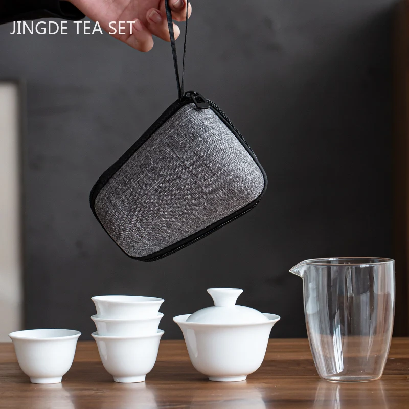 白磁旅行ポータブルティーセットセラミック Gaiwan ティーカップクイックカップセット家庭用ティーポットとカップセット中国茶器