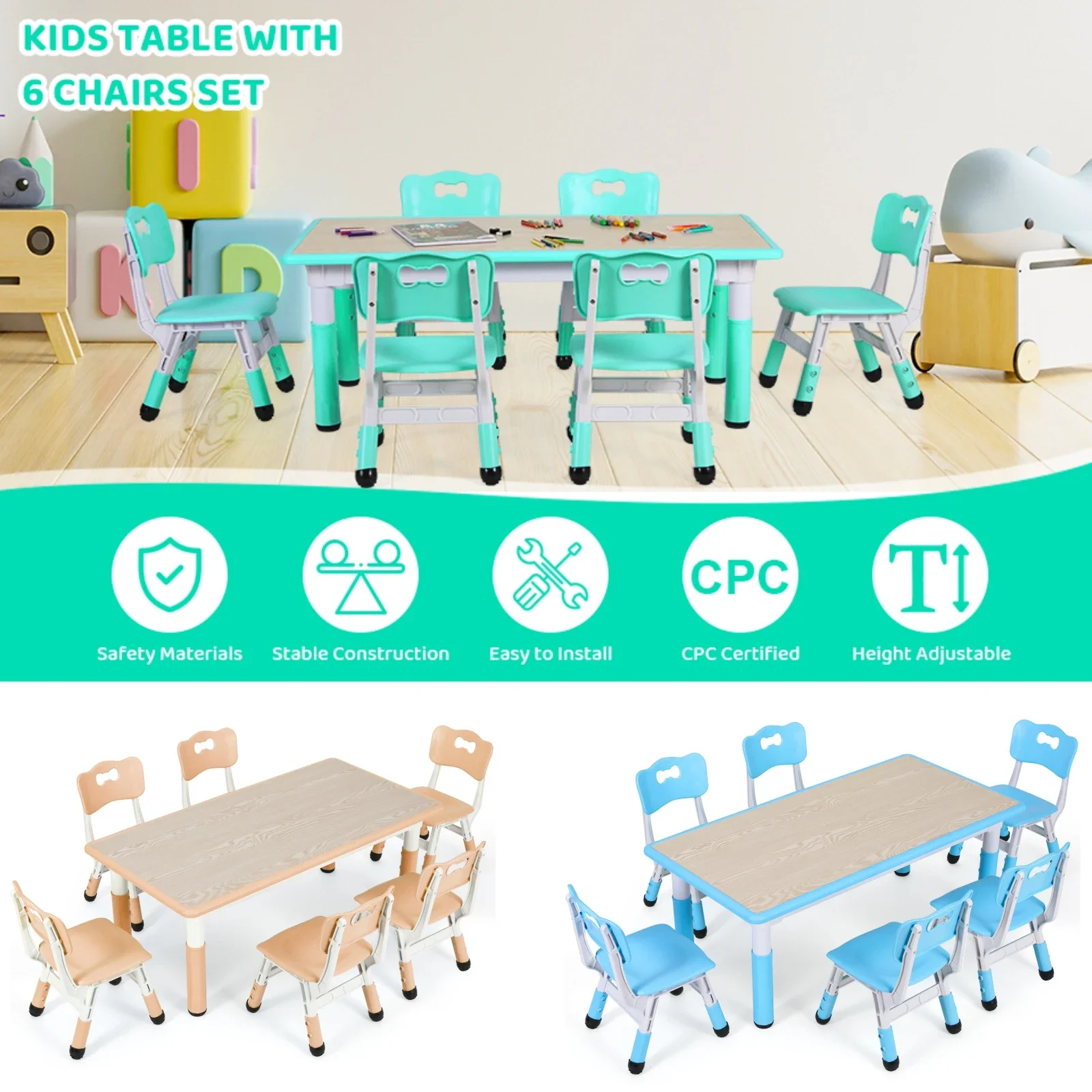 キッズテーブルと椅子6脚セット 高さ調節可能 幼児用マルチアクティビティテーブルセット 学習用子供用テーブルと椅子セット
