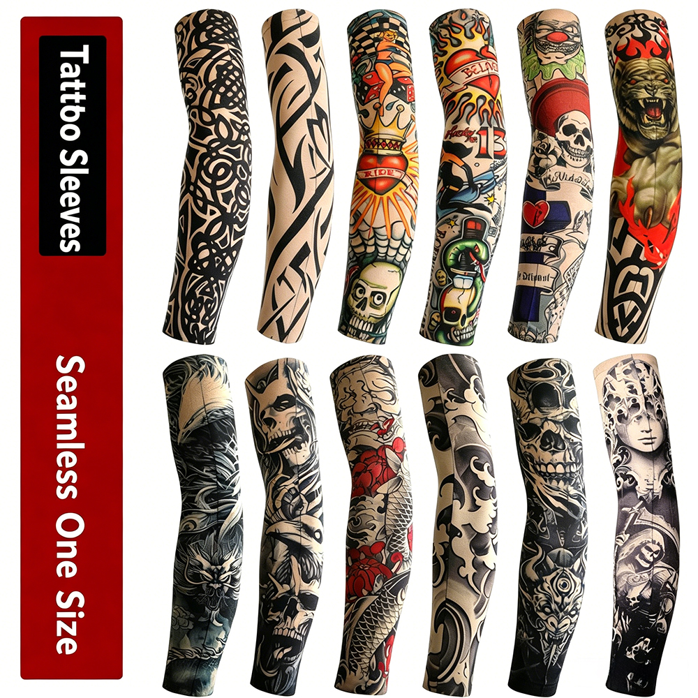 Tattoo Arm Sleeves 12PCS Set UV Sun Protection Cooling Arm Covers for Outdoor Cycling Driving Men Women