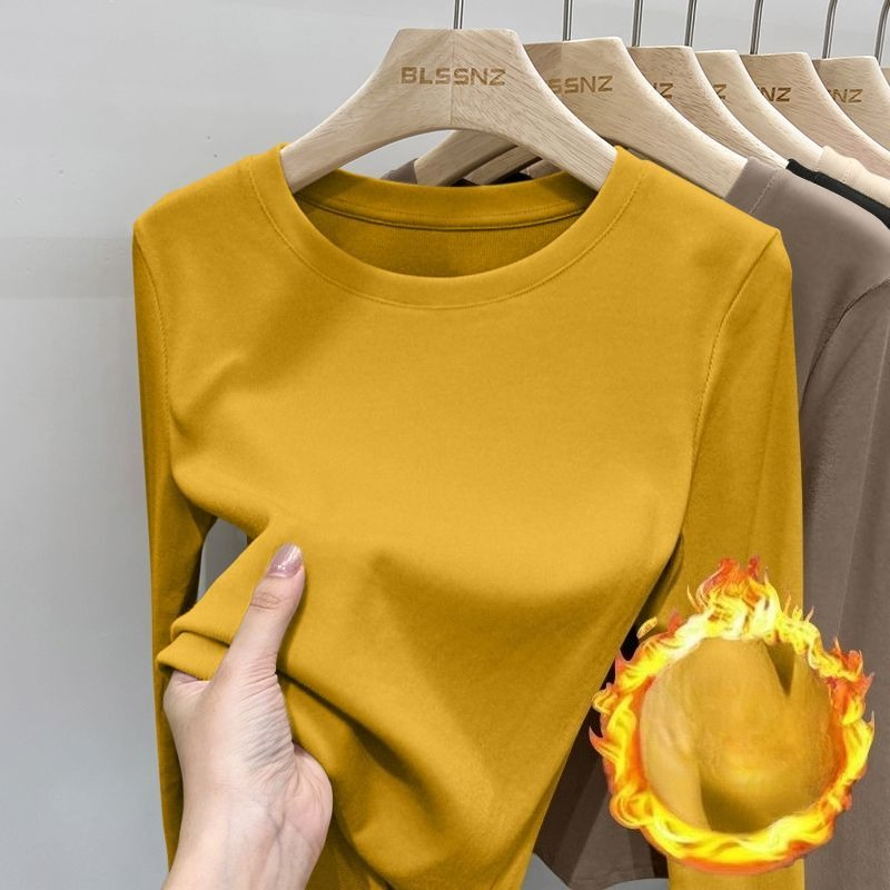 女性のサーマル長袖 Tシャツ秋冬ソリッドラウンドネックリブボトム​​暖かい下着女性サーマル下着冬