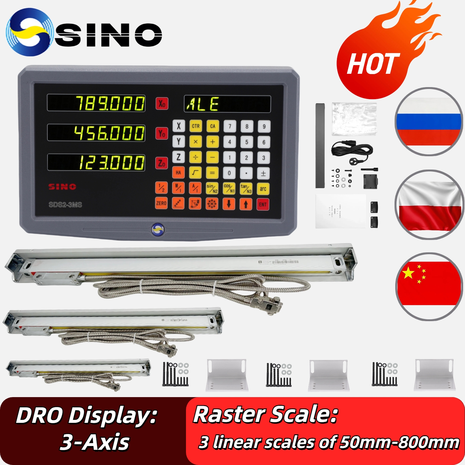 SINO SDS2-3MS 3軸DROキット フライス盤旋盤グリッドデジタル表示器 5μm 1μm 光学定規リニアスケールエンコーダ3個付き
