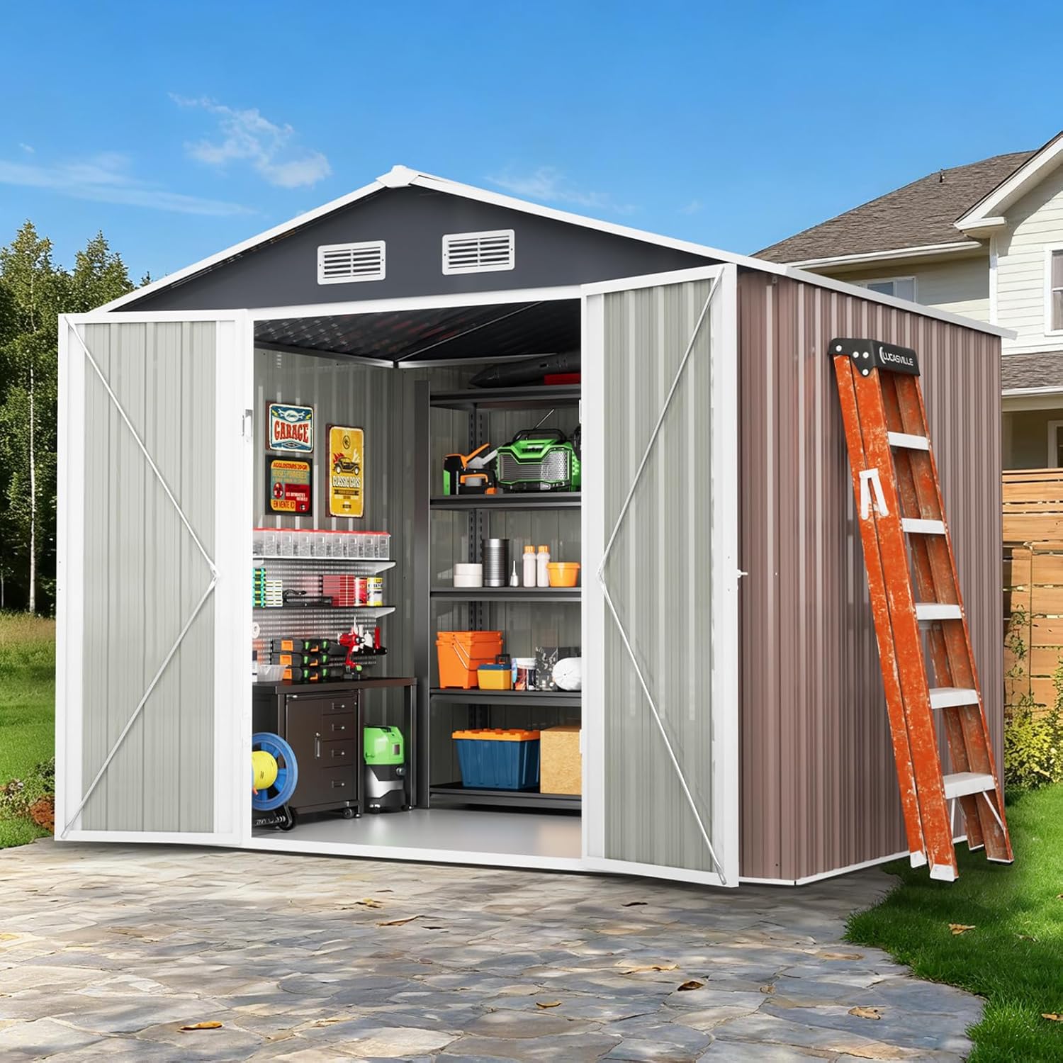 8x6 フィート 収納小屋 225 立方フィート ロック可能な側溝ベント 高耐久ツール 裏庭 パティオ ガーデン、カスタム