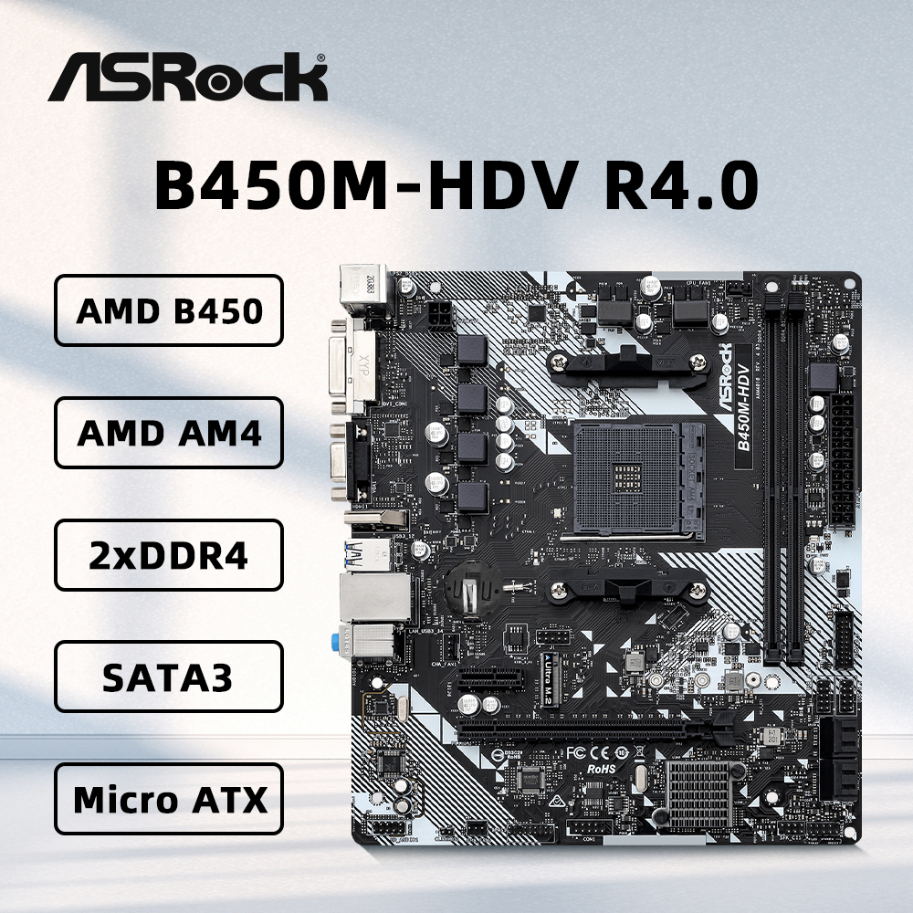ASROCK B450M-HDV R4.0 マザーボードサポート 5800X3D 5700X 5600X 5600G 1700X 2700X CPU 2xDDR4 M.2 HDMI mATX AMD AM4 メインボード