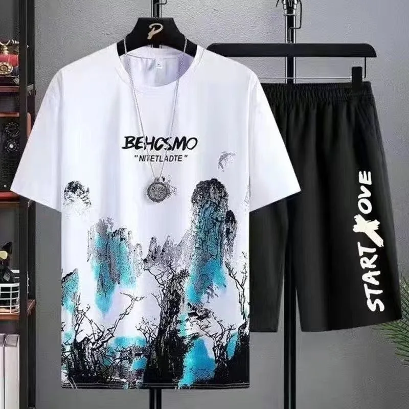 2025 夏薄型カジュアルメンズセットマンガグラフィティ Tシャツ Tシャツショーツ 2 ピース快適で通気性のあるメンズトッププリント Tシャツセット