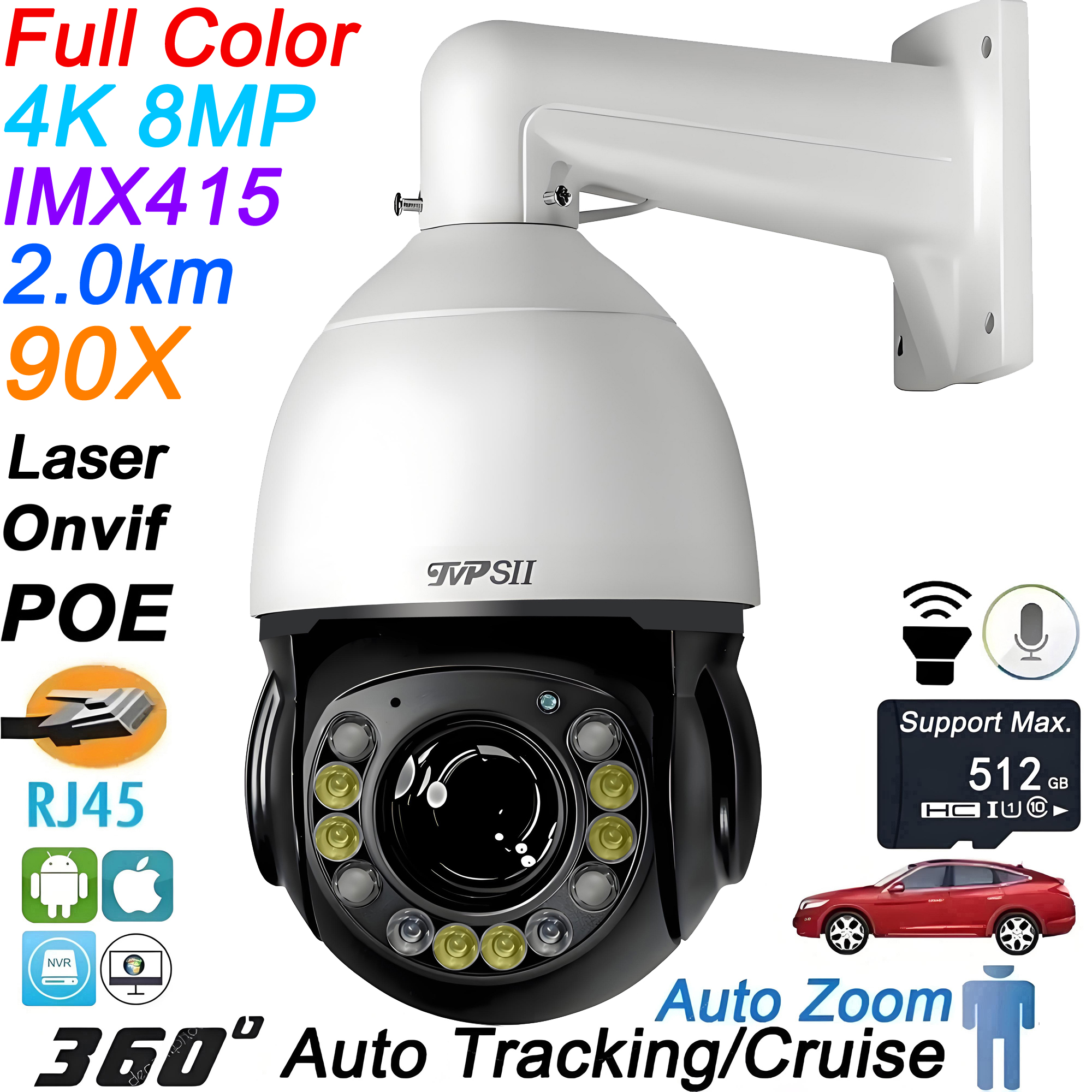 レーザー赤外線フルカラー自動追跡クルーズ 8MP 4K 90X 光学ズーム 360° Onvif POE PTZ IP 監視スピードドームカメラ