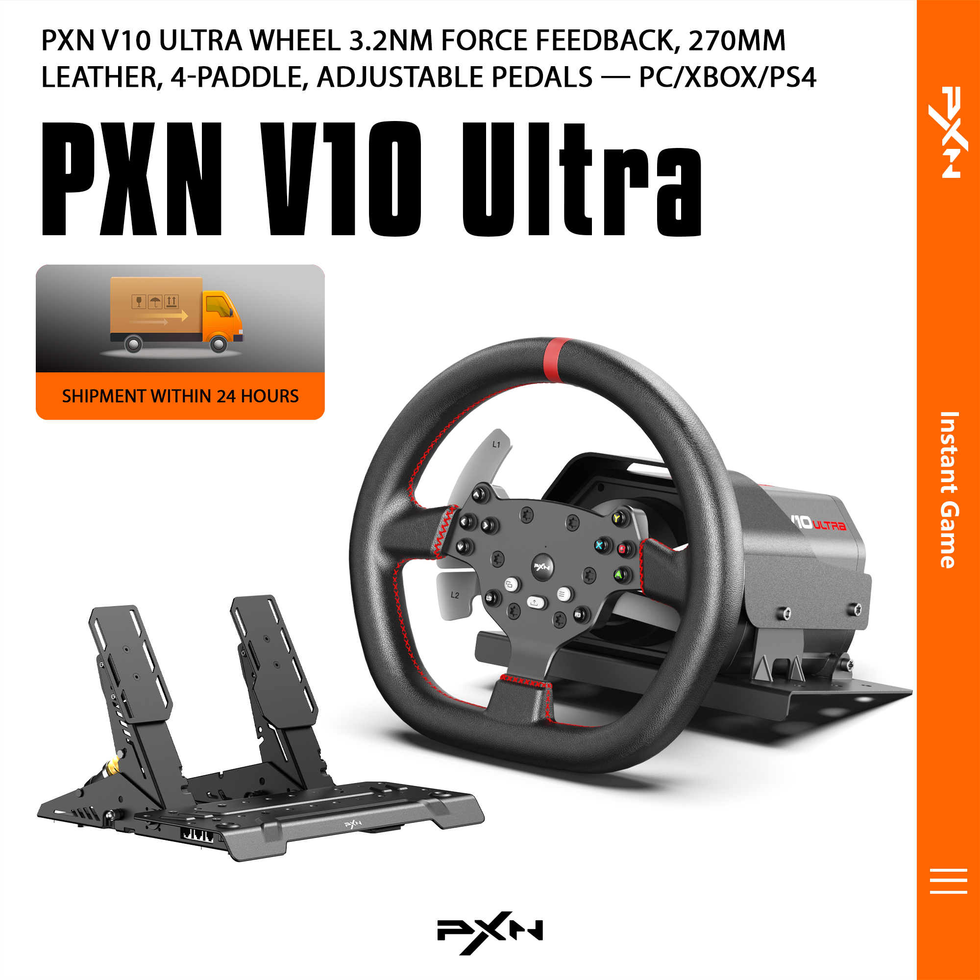 PXN V10 ウルトラ ダイレクト ドライブ レーシング ホイール PC/PS4/Xbox 用、3.2Nm フォース フィードバック、4 パドル、ホール 2 ペダル、APP サポート