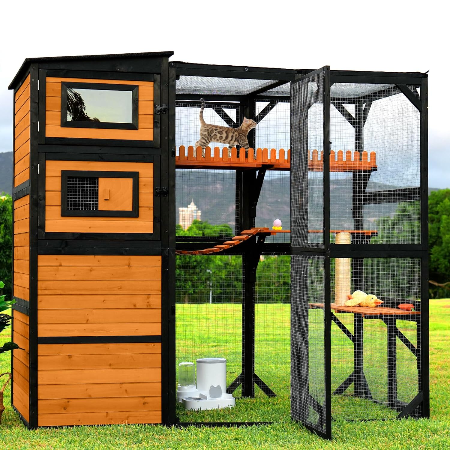 Catio 屋外猫用エンクロージャ、大型 4 段木製猫ハウス、猫用エンクロージャ 耐候性屋根付き窓に接続、4、カスタム