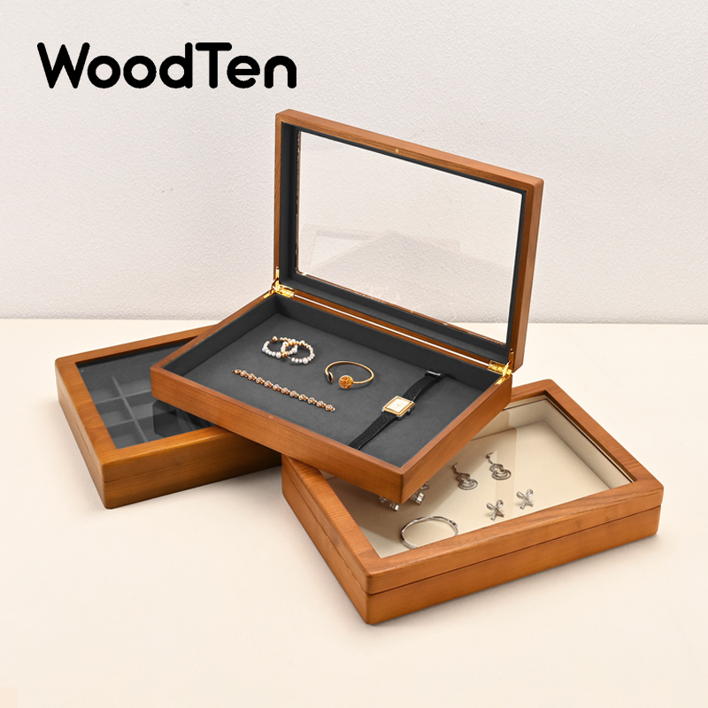 WoodTen レトロ木製ジュエリーボックス時計ボックスリングネックレスブレスレットディスプレイケースジュエリーボックス透明ジュエリーオーガナイザーボックス