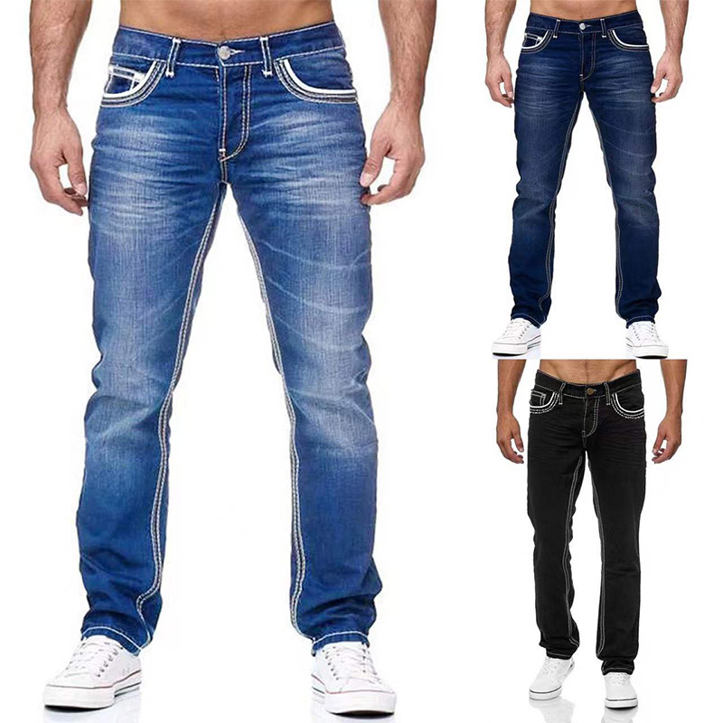 ストレートジーンズ男性洗浄穴なしジーンズ春夏ボーイフレンドジーンズストリートルーズ Cacual デザイナーロングデニムパンツズボン