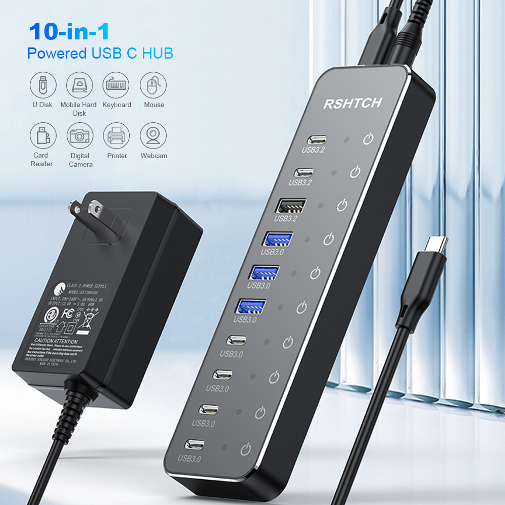 RSHTECH 10 in 1 USB C ハブ 10Gbps USB-C 個別タッチスイッチ付き マルチポート スプリッター ドッキングステーション MacBook ラップトップ PC 用