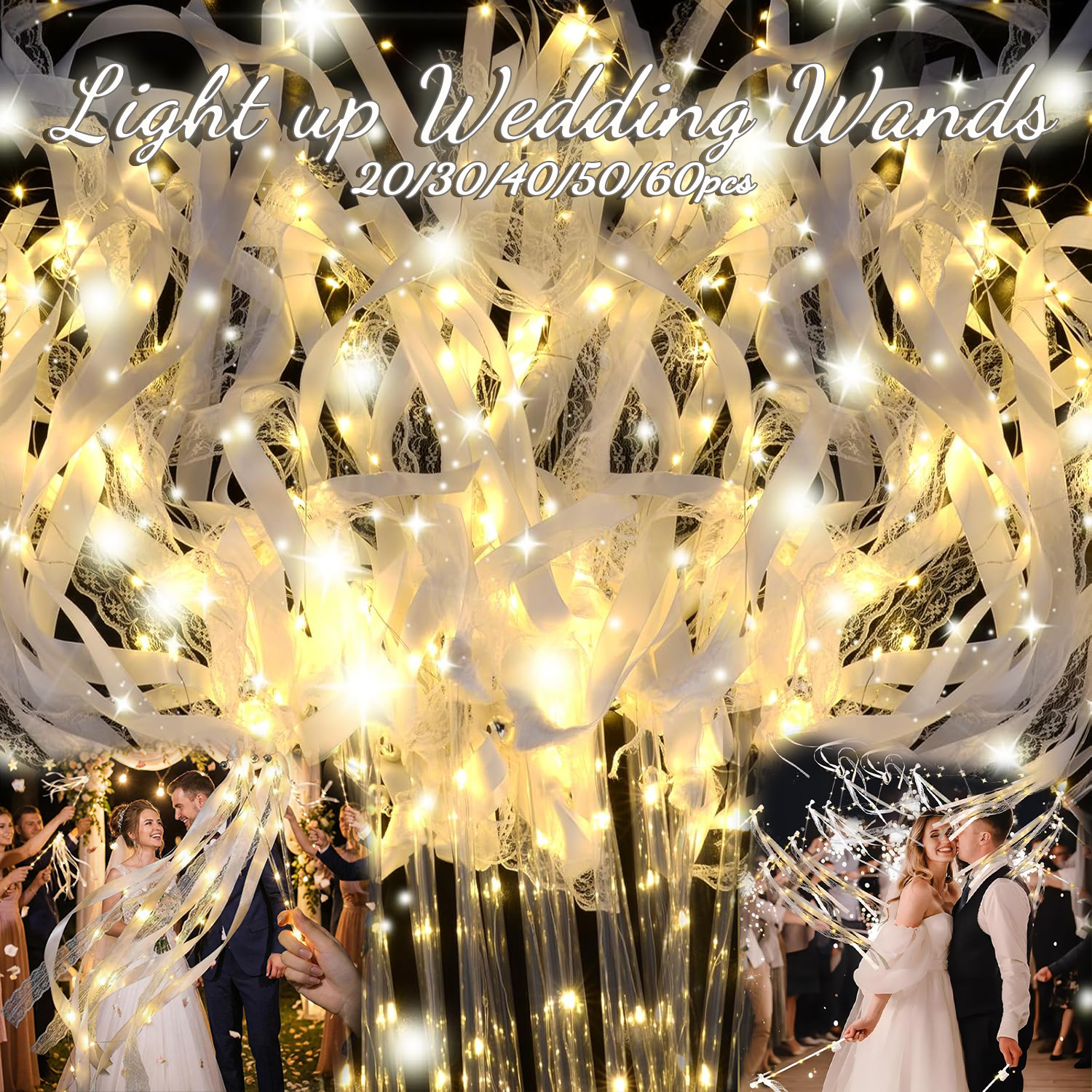 20～60個 ライトアップウェディングワンド LEDリボンワンド 線香花火 ベル付き 結婚式の退場見送り ダンスフロア小道具 ウェディングパーティーの記念品