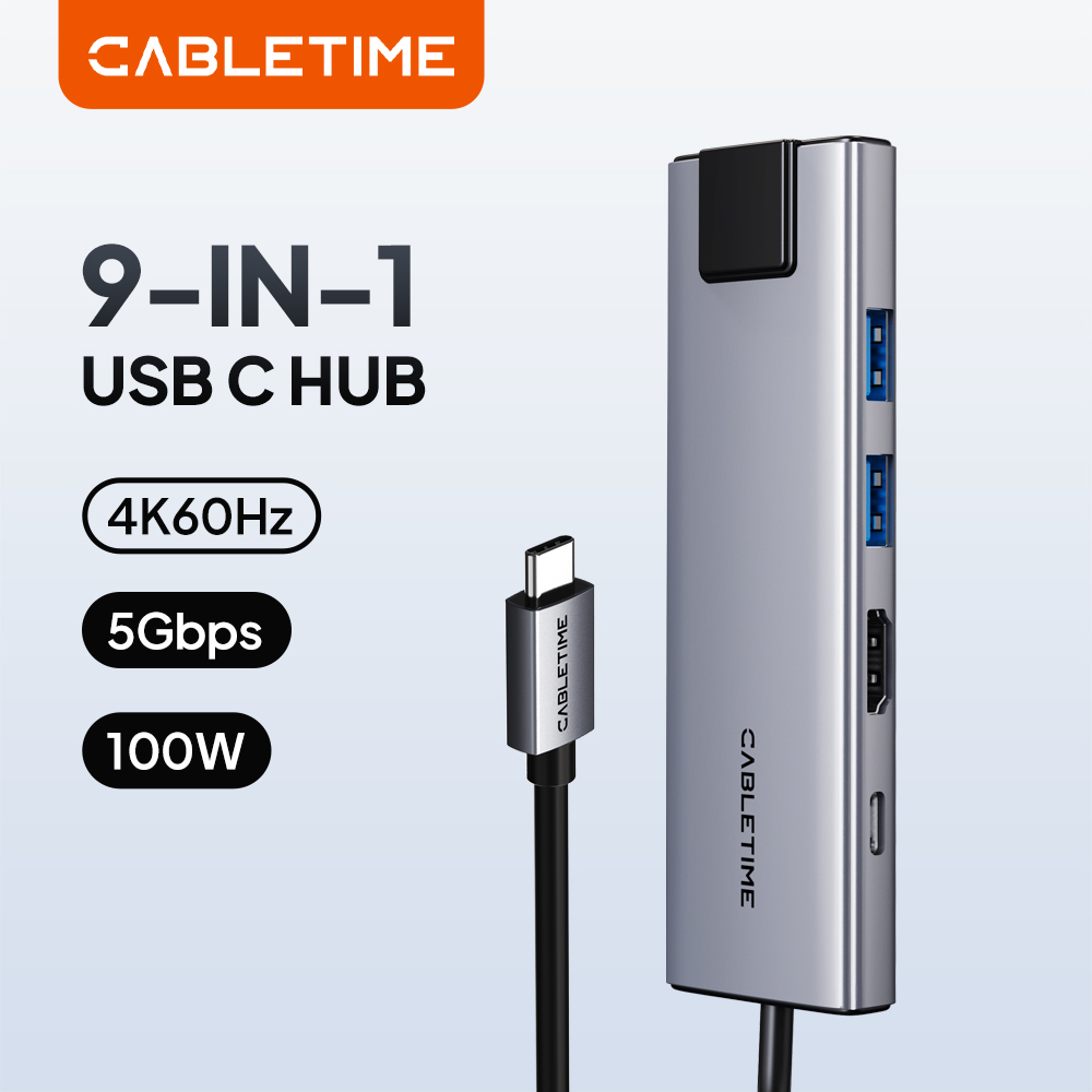 CABLETIME 9 in 1 USB C ハブアダプタ 4K スプリッタ RJ45 HDMI SD TF カードリーダー PD 100W ドッキングステーション MacBook Pro 用 Type c ハブ