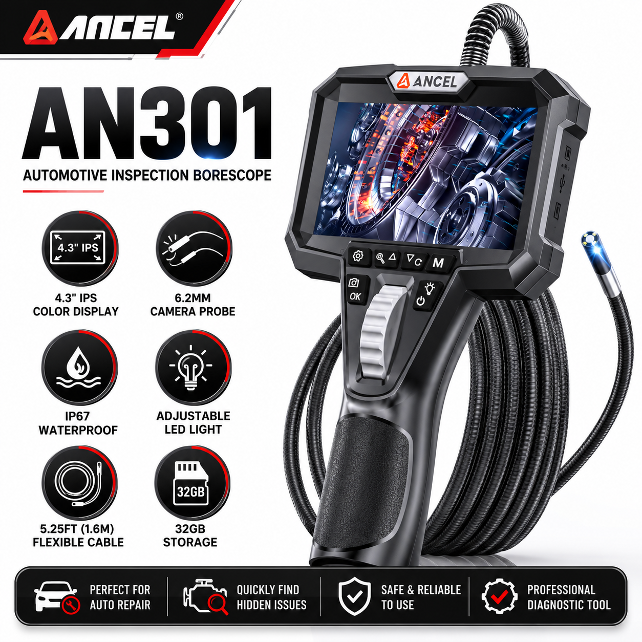 ANCEL AN301 工業用内視鏡カメラ 6.2 ミリメートル IP67 検査ボアスコープ関節パイプ下水道検査ツール 1080P スネークカム