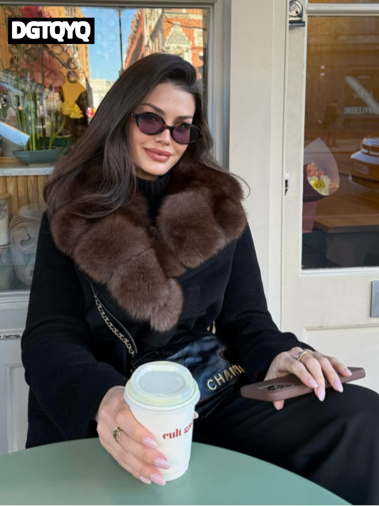 Elegant Shawl Faux Fur Women Coat Lace Up Full Sleeve Belted Waist Lapel Woolen Female Jacket 2026 Autumn Winter Lady Outwears