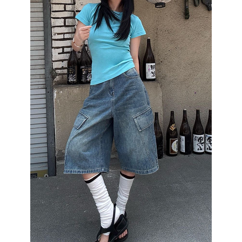 YIBASHU 女性ブルーウォッシュデニムショーツ Y2k ジーンズショートパンツ原宿美的ヴィンテージ 2000 年代カーゴカウボーイショーツ夏 2026