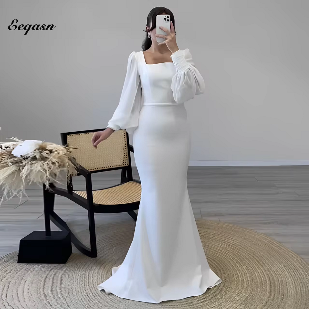 ホワイトイブニングドレス長袖マーメイドスクエアカラーパーティードレス結婚式のプロムドレスエレガントな高級ガラカスタマイズ