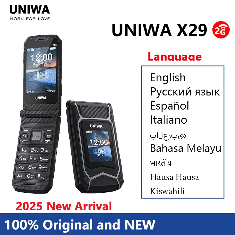 UNIWA X29 GSM フリップ電話 2.8 インチダブルスクリーンデュアル SIM ビッグフォントビッグボタンシニア 2000mAh ワイヤレスラジオロシア語キーボード