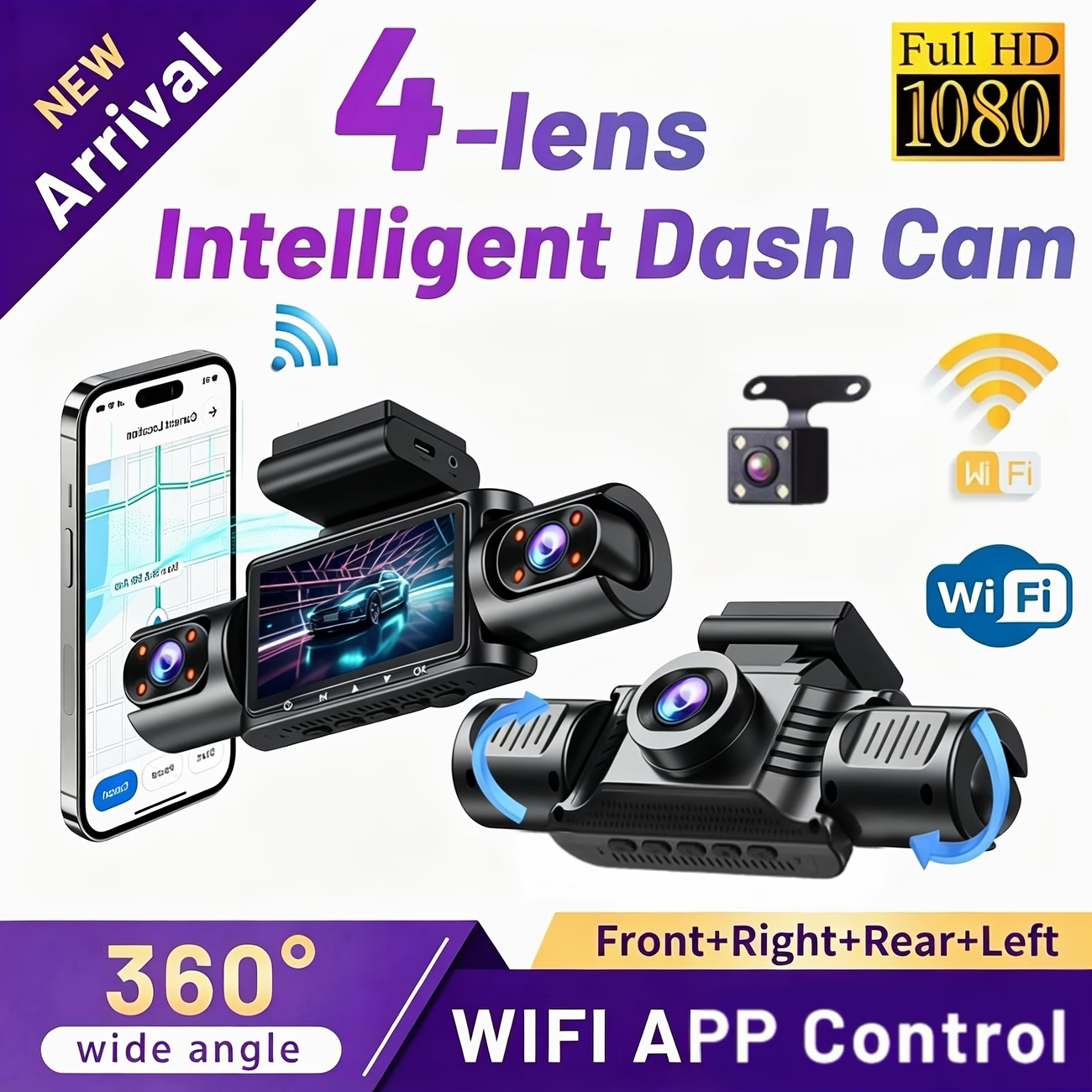 1080P WiFi 4チャンネルダッシュカム、ナイトビジョン、自動ループ録画、360°パノラマカバレッジ安全運転カーカム