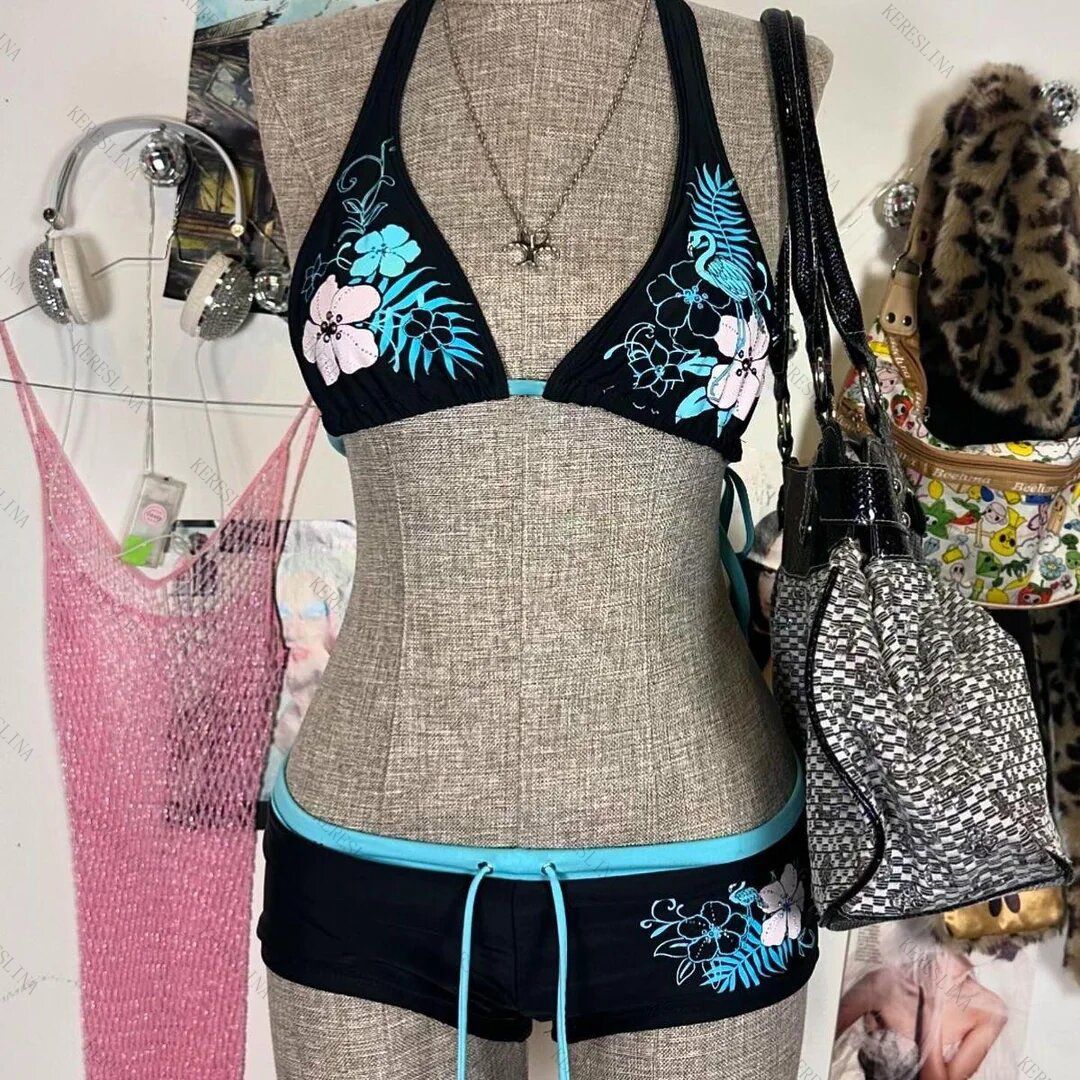 新しいシックな分割水着 Y2k ヴィンテージ花柄ビキニセット水着女性ホルター三角形レースアップショーツセクシーなビキニ