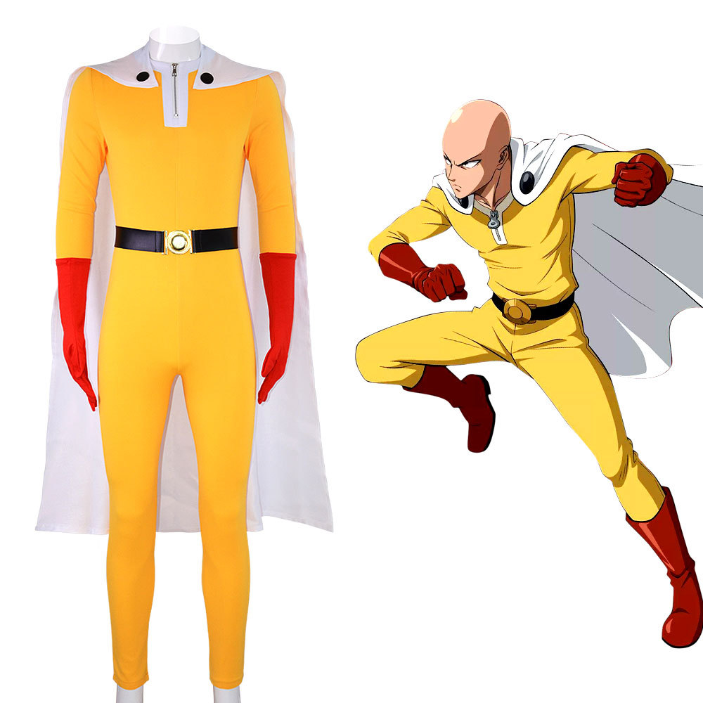 ワンパンマン サイタマ コスプレ衣装 フルセット 大人用 イエロー ヒーロースーツ ジャンプスーツ マント手袋ベルト付き コスプレパーティー衣装