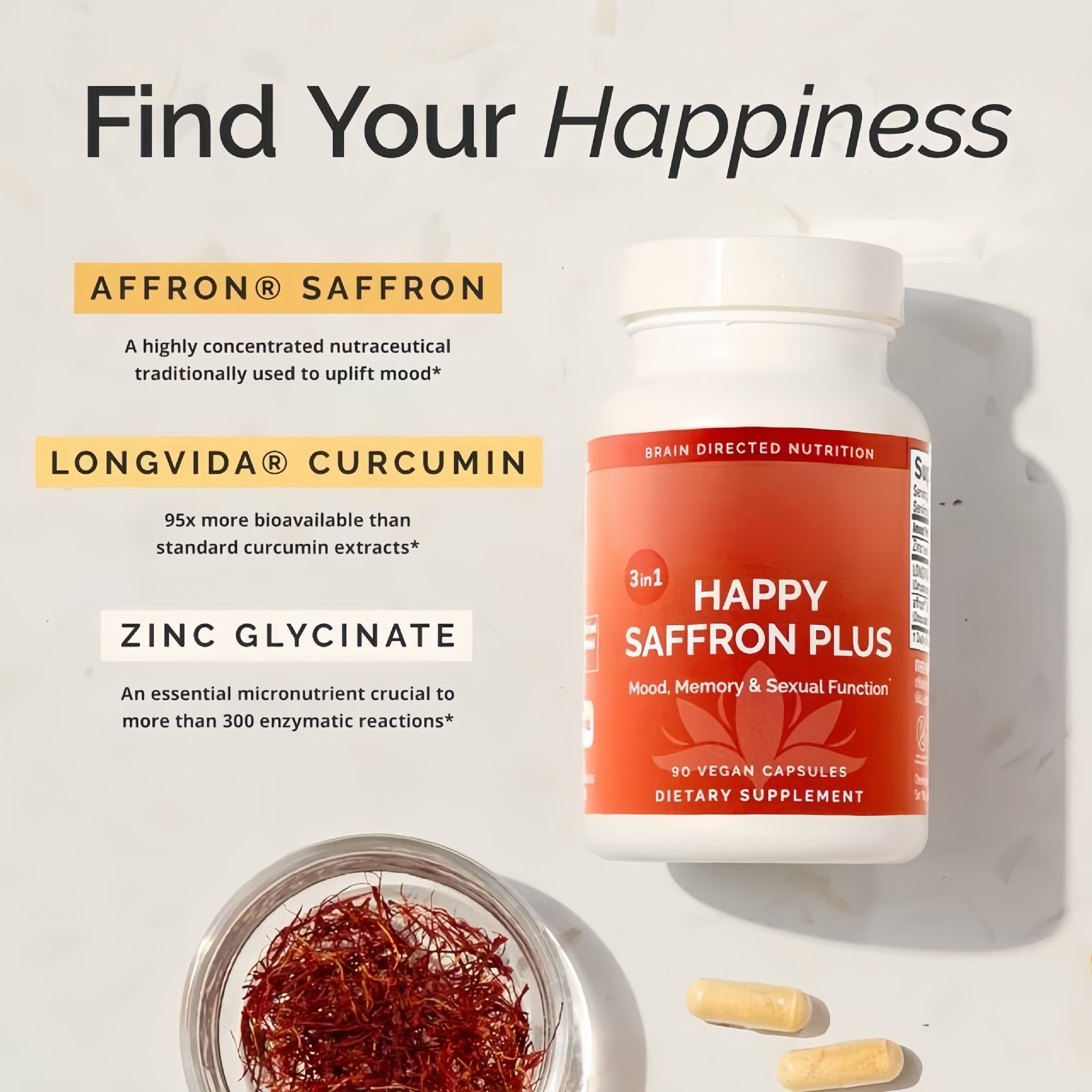 3 in 1 HAPPY SAFFRON PLUS サプリメント - 気分、記憶力をサポート