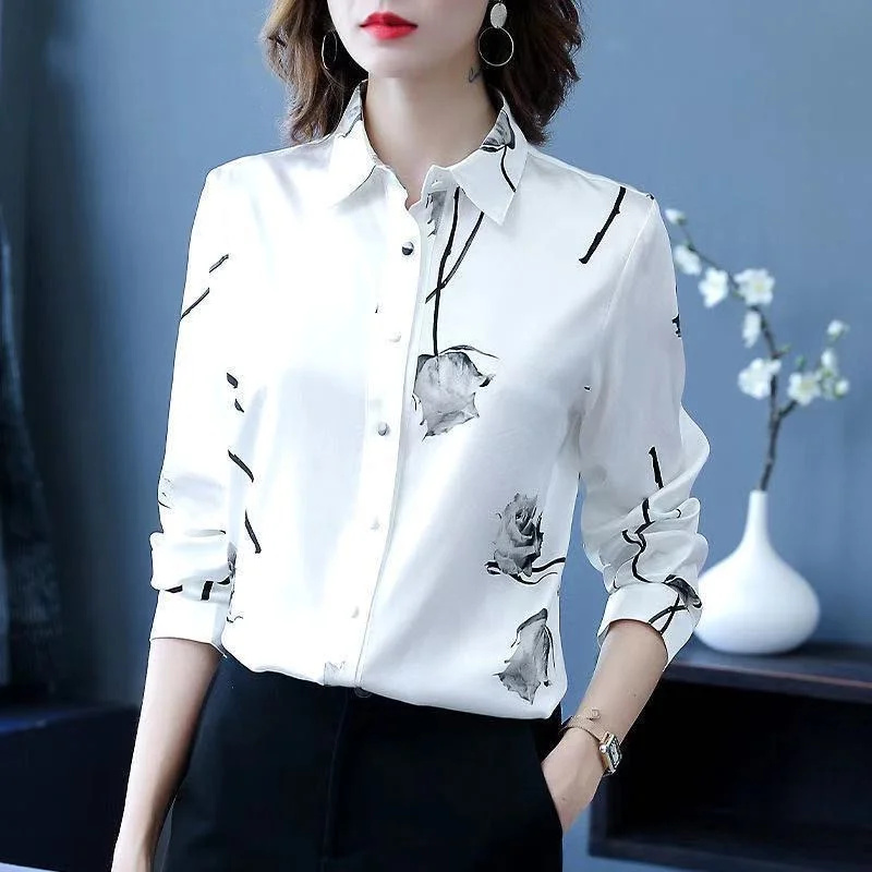 女性春秋スタイルブラウスシャツレディカジュアル長袖ターンダウン襟フラワープリント Blusas トップス