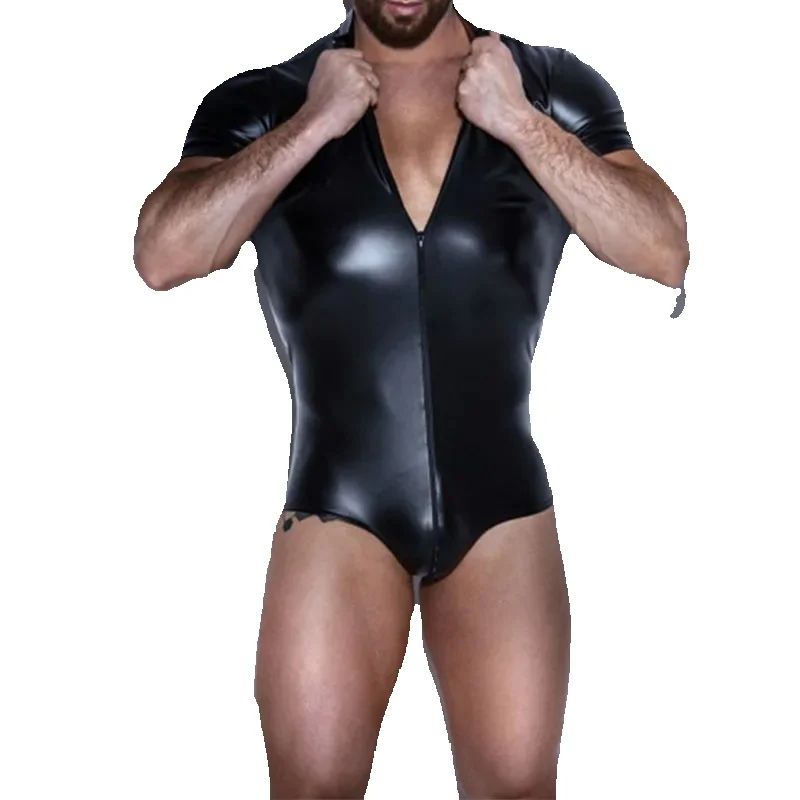 S-3XL 男性ウェットルックフェイクレザーボディスーツゲイ下着ステージダンスプラスサイズ半袖ストリッパー PVC タイトなボディジャンプスーツ