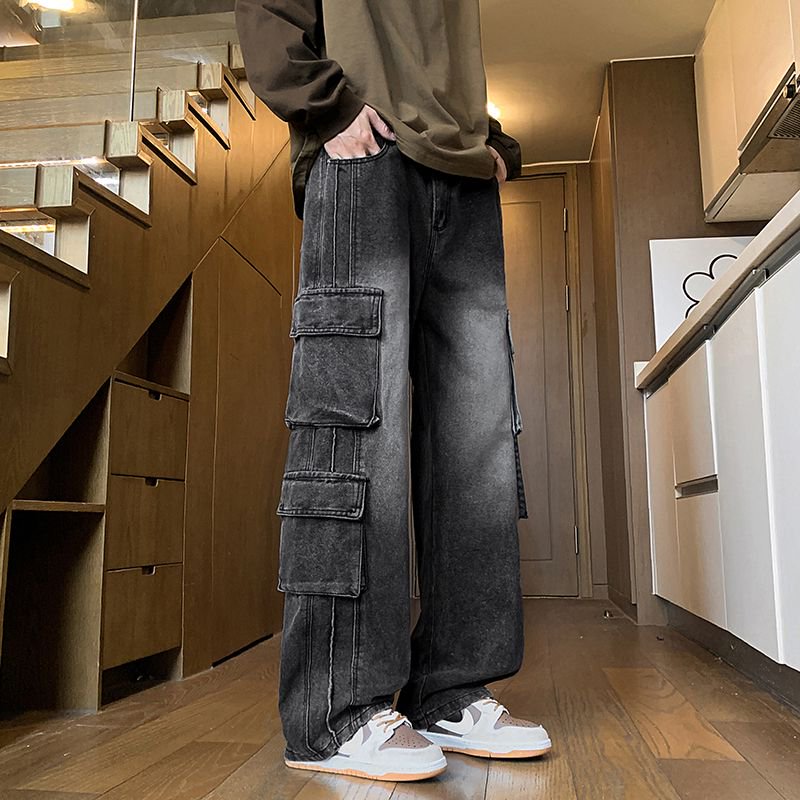 秋の新メンズルーズジーンズマルチポケットワークウェアジーンズストリートヒップホップストレートワイドレッグパンツだぶだぶダンスパンツ