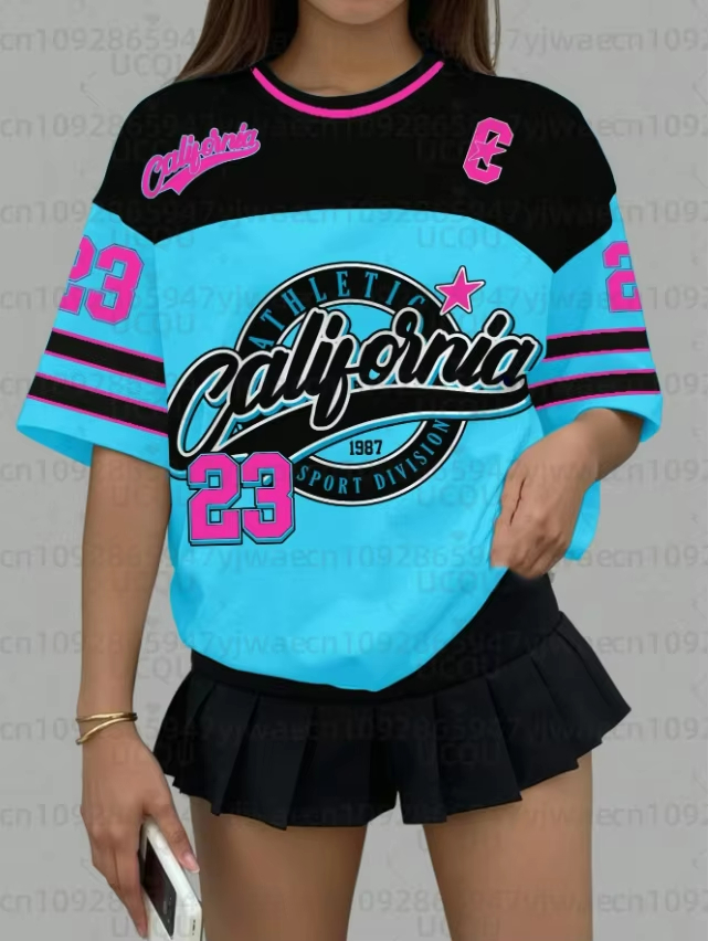 女性のカリフォルニア 23 プリント V ネック半袖 Tシャツ夏グラフィック Tシャツ野球ジャージプラスサイズスポーツ Tシャツ